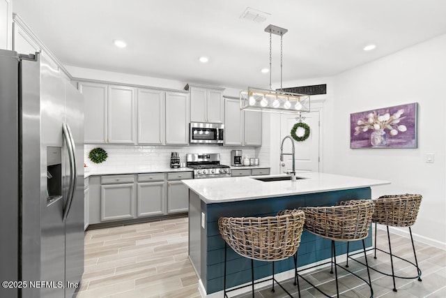 488 Montserrat Dr, Saint Augustine, FL 32092 - kitchen featuring appliances with stainless steel finishes, a sink, gray cabinetry, light countertops, and decorative backsplash
