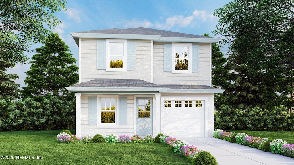 6821 Elwood Ave, Jacksonville, FL 32208 - view of front facade featuring a front lawn, a garage, driveway, and a shingled roof