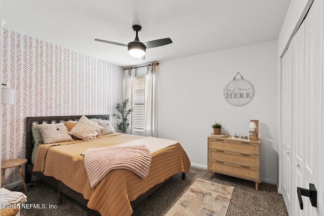 12097 Grand Herring Way, Jacksonville, FL 32219 - bedroom featuring wallpapered walls, baseboards, a closet, carpet, and a ceiling fan