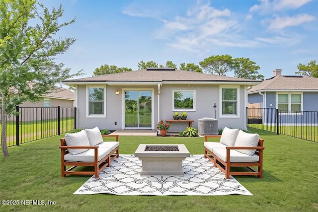 12097 Grand Herring Way, Jacksonville, FL 32219 - rear view of house with an outdoor living space with a fire pit, a patio, and stucco siding