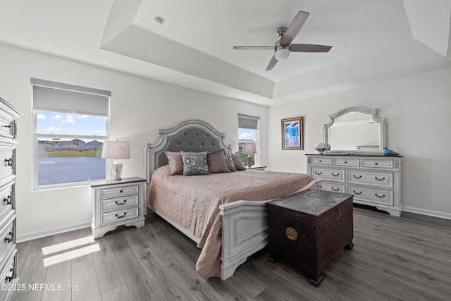25 Windsor Ter, Palm Coast, FL 32164 - bedroom with a raised ceiling, dark wood-style floors, a ceiling fan, and baseboards