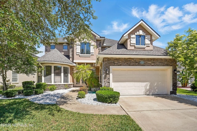 10065 Ecton Ln, Jacksonville, FL 32246 - traditional home with stone siding, concrete driveway, a shingled roof, a garage, and stucco siding
