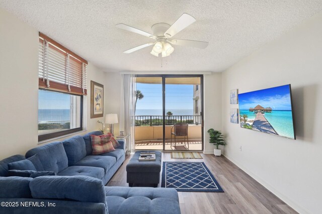 3360 Ocean Shore Blvd Unit 3070, Ormond Beach, FL 32176 - living area featuring a textured ceiling, plenty of natural light, wood finished floors, ceiling fan, and baseboards