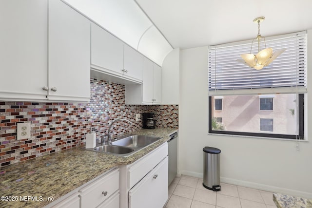 3360 Ocean Shore Blvd Unit 3070, Ormond Beach, FL 32176 - kitchen featuring a sink, decorative backsplash, white cabinetry, baseboards, and light tile patterned flooring