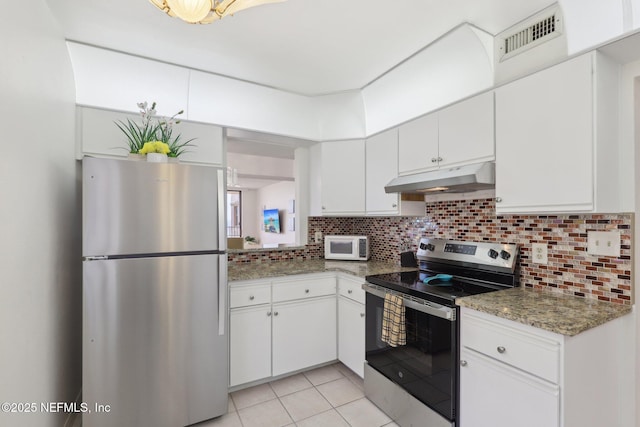 3360 Ocean Shore Blvd Unit 3070, Ormond Beach, FL 32176 - kitchen featuring appliances with stainless steel finishes, under cabinet range hood, decorative backsplash, white cabinetry, and light tile patterned flooring