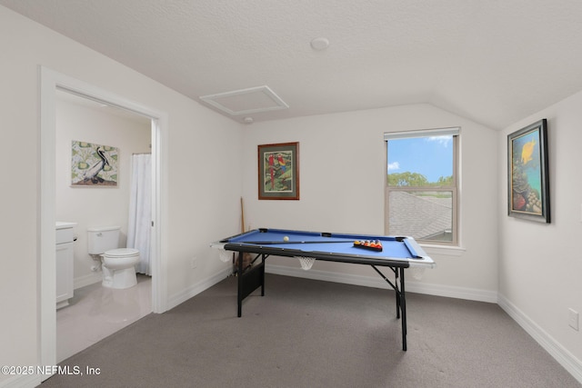 263 Forest Spring Dr, Ponte Vedra, FL 32081 - playroom with carpet flooring, baseboards, vaulted ceiling, and billiards