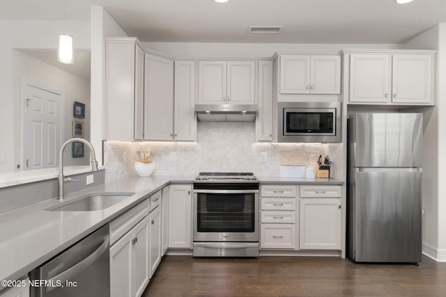 263 Forest Spring Dr, Ponte Vedra, FL 32081 - kitchen featuring appliances with stainless steel finishes, a sink, under cabinet range hood, light countertops, and white cabinets