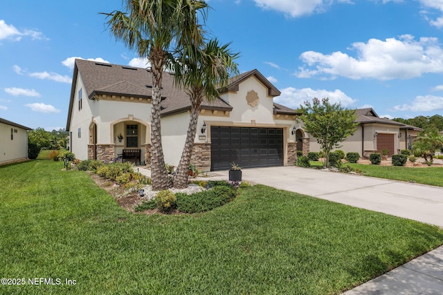 263 Forest Spring Dr, Ponte Vedra, FL 32081 - view of front of home with stucco siding, driveway, a garage, a front lawn, and stone siding