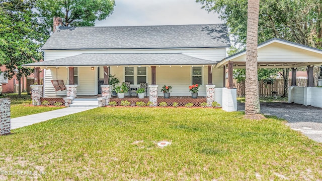 148 N 4th St, Macclenny, FL 32063 - view of front facade featuring covered porch, a shingled roof, a detached carport, driveway, and a chimney