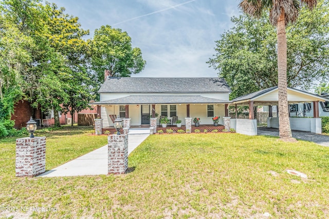 148 N 4th St, Macclenny, FL 32063 - bungalow-style home with covered porch, a front lawn, a carport, a chimney, and roof with shingles