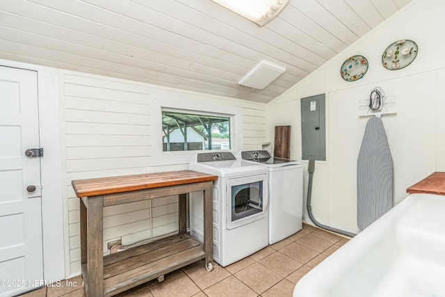148 N 4th St, Macclenny, FL 32063 - laundry area featuring electric panel, washer and dryer, light tile patterned flooring, and wooden ceiling