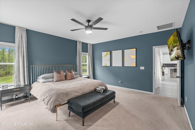 7242 Calamint Ave, Jacksonville, FL 32219 - carpeted bedroom with multiple windows, a textured ceiling, a ceiling fan, and baseboards
