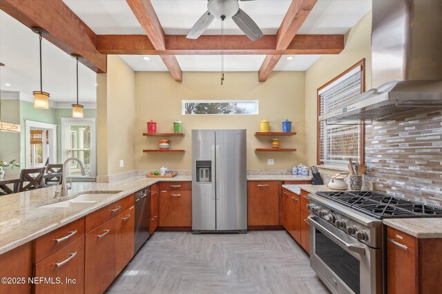 24 Sevilla St, Saint Augustine, FL 32084 - kitchen with stainless steel appliances, a sink, open shelves, wall chimney range hood, and a peninsula