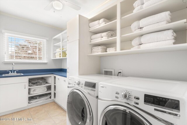 24 Sevilla St, Saint Augustine, FL 32084 - laundry area featuring independent washer and dryer, cabinet space, ceiling fan, light tile patterned flooring, and crown molding