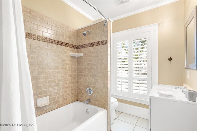 24 Sevilla St, Saint Augustine, FL 32084 - bathroom featuring tile patterned flooring, shower / tub combo with curtain, ornamental molding, toilet, and vanity