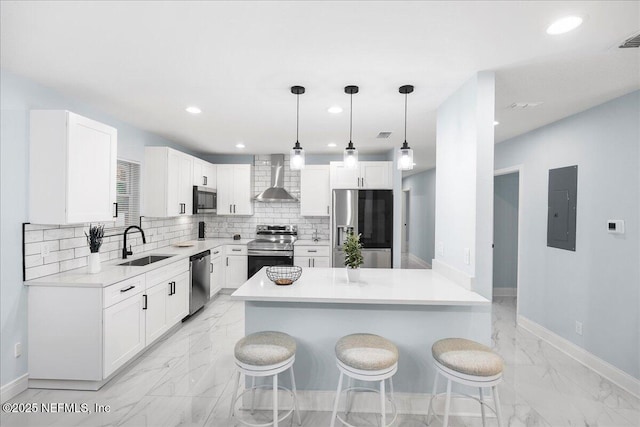 619 S 10th St, Fernandina Beach, FL 32034 - kitchen with appliances with stainless steel finishes, wall chimney exhaust hood, electric panel, a sink, and light marble finish floors