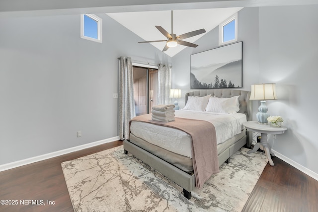 1113 Lee Rd, Jacksonville, FL 32225 - bedroom featuring wood finished floors, baseboards, multiple windows, high vaulted ceiling, and ceiling fan