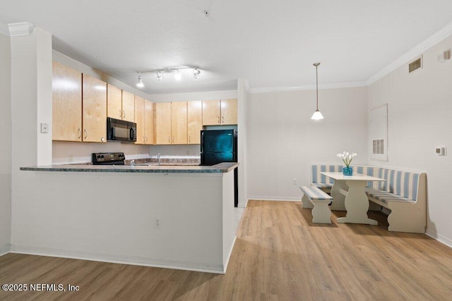 12700 Bartram Park Blvd Unit 1911, Jacksonville, FL 32258 - kitchen featuring black appliances, light brown cabinets, light wood finished floors, a peninsula, and ornamental molding