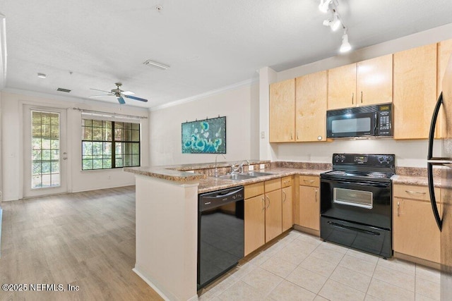 12700 Bartram Park Blvd Unit 1911, Jacksonville, FL 32258 - kitchen featuring black appliances, light brown cabinets, a sink, crown molding, and a peninsula
