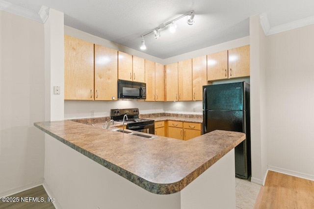 12700 Bartram Park Blvd Unit 1911, Jacksonville, FL 32258 - kitchen with black appliances, light brown cabinetry, a sink, a peninsula, and baseboards