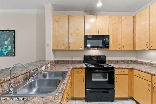 12700 Bartram Park Blvd Unit 1911, Jacksonville, FL 32258 - kitchen featuring black appliances, a sink, ornamental molding, light tile patterned flooring, and light brown cabinetry