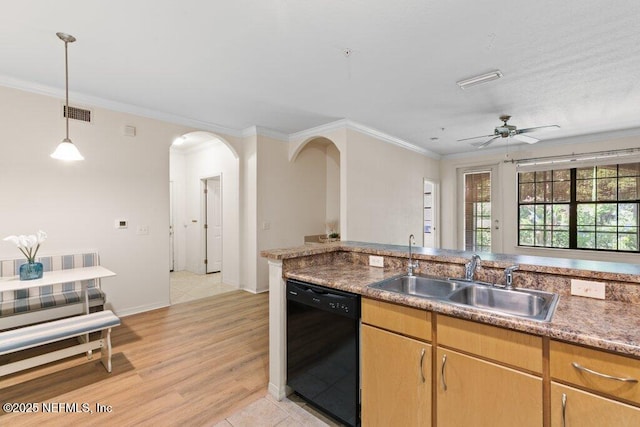 12700 Bartram Park Blvd Unit 1911, Jacksonville, FL 32258 - kitchen with black dishwasher, a sink, arched walkways, a ceiling fan, and crown molding
