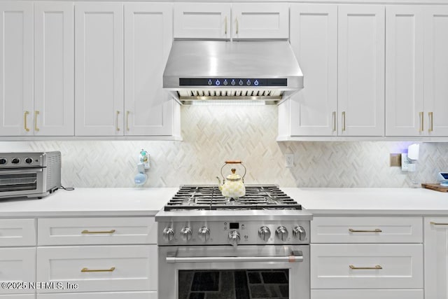 1252 Paradise Pond Rd, Saint Augustine, FL 32092 - kitchen with under cabinet range hood, high end range, light countertops, and backsplash
