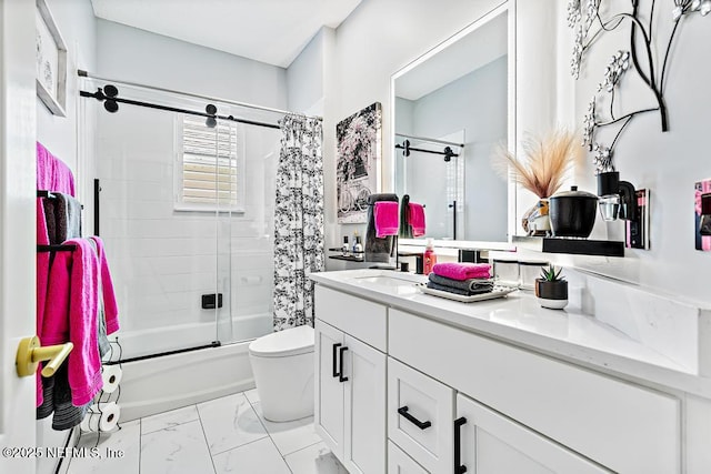 1252 Paradise Pond Rd, Saint Augustine, FL 32092 - bathroom with vanity, bath / shower combo with glass door, toilet, and marble look tile flooring