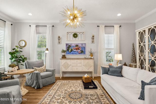 1787 Azalea St, Fernandina Beach, FL 32034 - living room with wood finished floors, plenty of natural light, a chandelier, ornamental molding, and recessed lighting