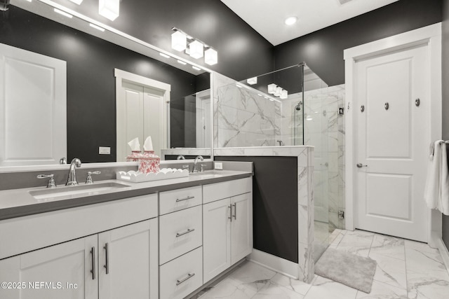 1787 Azalea St, Fernandina Beach, FL 32034 - full bathroom with marble finish flooring, a marble finish shower, double vanity, baseboards, and recessed lighting
