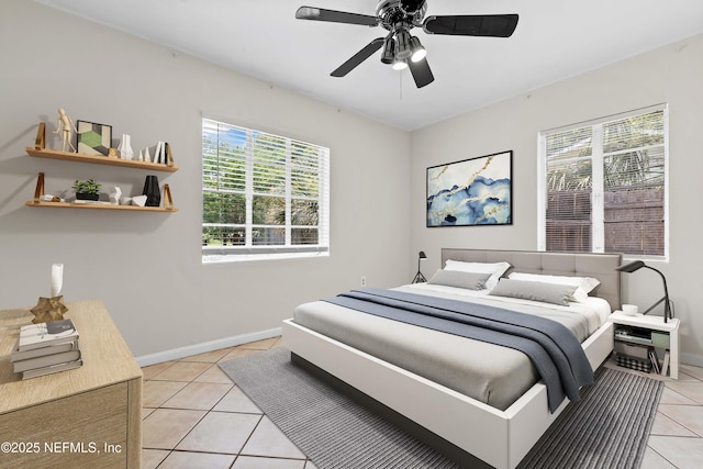 602 Luna Ct, Jacksonville, FL 32205 - bedroom featuring light tile patterned floors, multiple windows, baseboards, and a ceiling fan