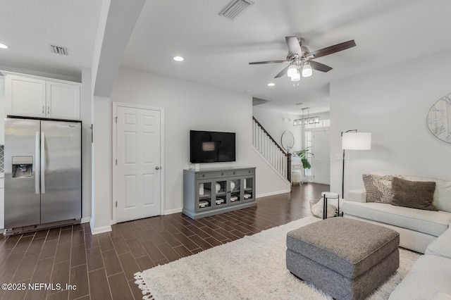 287 Richmond Dr, Saint Johns, FL 32259 - living room with stairs, recessed lighting, a ceiling fan, baseboards, and dark wood-style floors