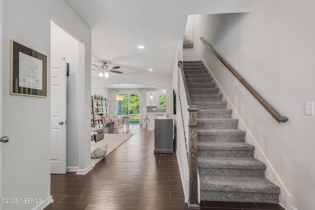287 Richmond Dr, Saint Johns, FL 32259 - staircase featuring ceiling fan, wood finished floors, baseboards, arched walkways, and recessed lighting