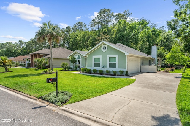 1500 Marsh Rabbit Way, Fleming Island, FL 32003 - ranch-style house featuring a garage, driveway, a chimney, and a front lawn