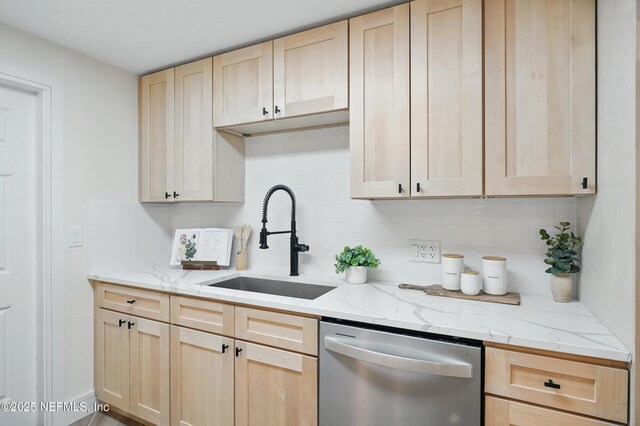 1233 Boca Grande Ave, Jacksonville, FL 32233 - kitchen with dishwasher, light brown cabinetry, a sink, and tasteful backsplash
