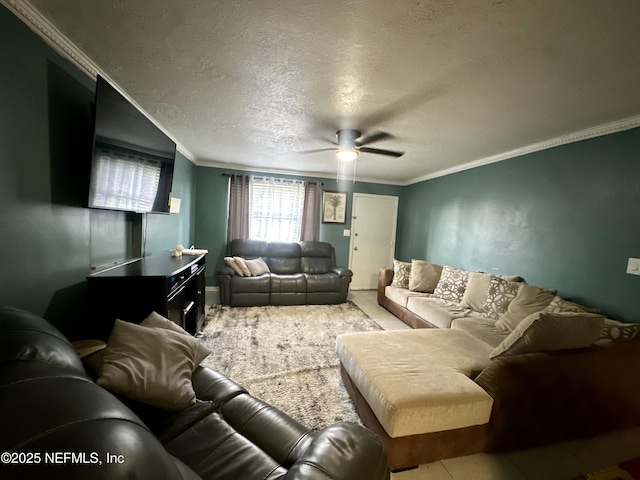 6316 Pine Summit Dr, Jacksonville, FL 32211 - tiled living room with a ceiling fan, crown molding, and a textured ceiling