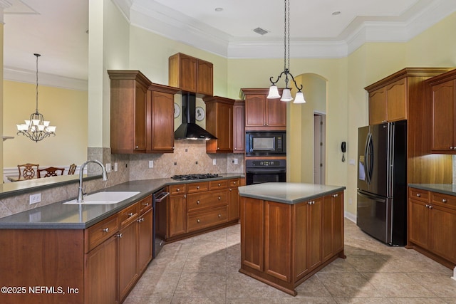 4640 Tuscan Wood Ct, Saint Augustine, FL 32092 - kitchen with black appliances, a chandelier, ornamental molding, dark countertops, and decorative backsplash