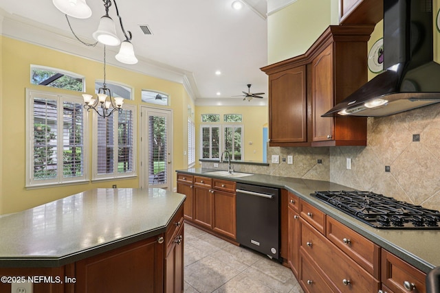 4640 Tuscan Wood Ct, Saint Augustine, FL 32092 - kitchen featuring dishwasher, wall chimney exhaust hood, black gas stovetop, a chandelier, and decorative backsplash