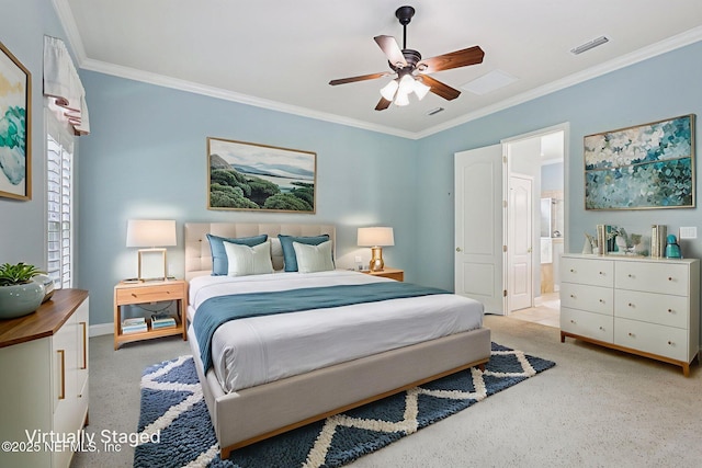 4640 Tuscan Wood Ct, Saint Augustine, FL 32092 - carpeted bedroom featuring ornamental molding, ensuite bath, and a ceiling fan