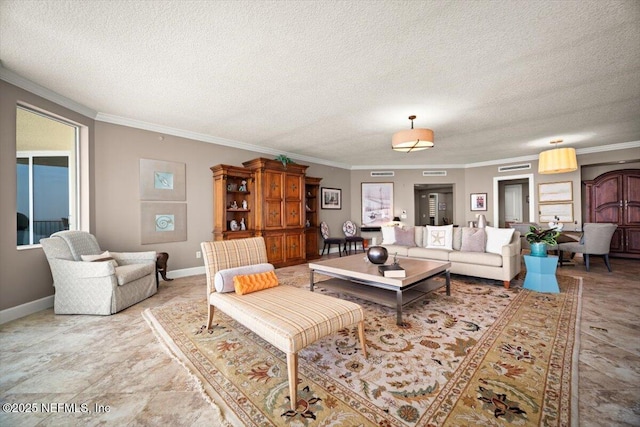 1031 1st St S Unit 1202, Jacksonville Beach, FL 32250 - living area with crown molding, a textured ceiling, and baseboards
