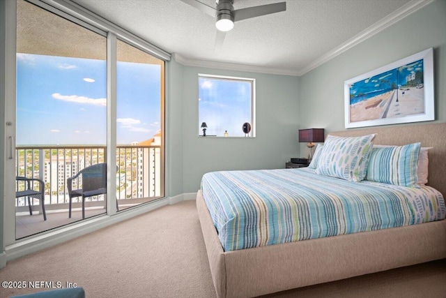 1031 1st St S Unit 1202, Jacksonville Beach, FL 32250 - bedroom with carpet, crown molding, a textured ceiling, and a ceiling fan