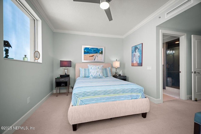 1031 1st St S Unit 1202, Jacksonville Beach, FL 32250 - bedroom with carpet flooring, crown molding, a textured ceiling, baseboards, and a ceiling fan