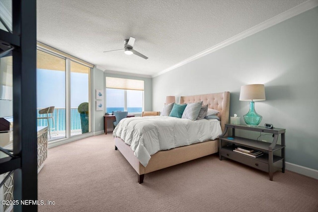 1031 1st St S Unit 1202, Jacksonville Beach, FL 32250 - carpeted bedroom featuring crown molding, access to outside, a textured ceiling, baseboards, and a ceiling fan