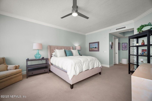 1031 1st St S Unit 1202, Jacksonville Beach, FL 32250 - bedroom with light carpet, crown molding, a textured ceiling, baseboards, and ceiling fan