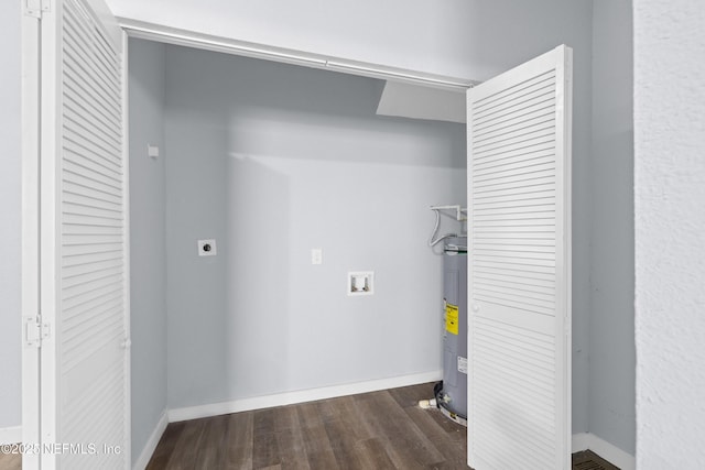 209 E 17th St, Jacksonville, FL 32206 - laundry area with electric dryer hookup, water heater, dark wood finished floors, hookup for a washing machine, and baseboards