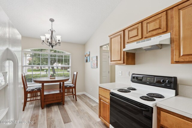 1260 Winding Brook Ct, Middleburg, FL 32068 - kitchen with electric range oven, under cabinet range hood, a chandelier, light wood-type flooring, and light countertops