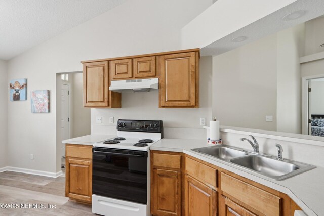 1260 Winding Brook Ct, Middleburg, FL 32068 - kitchen featuring electric range oven, under cabinet range hood, a sink, light countertops, and light wood-type flooring