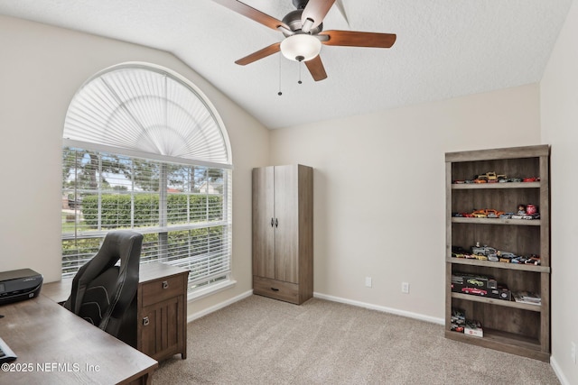 1260 Winding Brook Ct, Middleburg, FL 32068 - office area with lofted ceiling, ceiling fan, light carpet, and baseboards