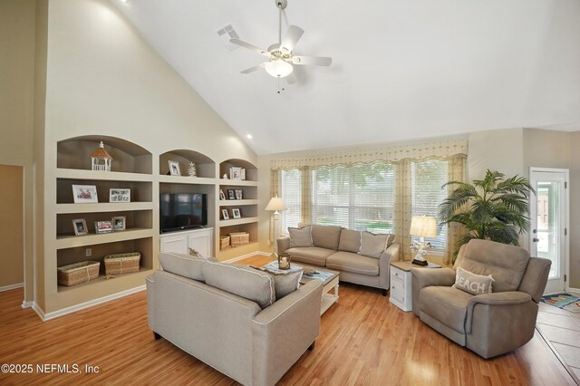 1077 Waterfall Dr, Jacksonville, FL 32225 - living room with a ceiling fan, healthy amount of natural light, light wood-style floors, built in features, and high vaulted ceiling