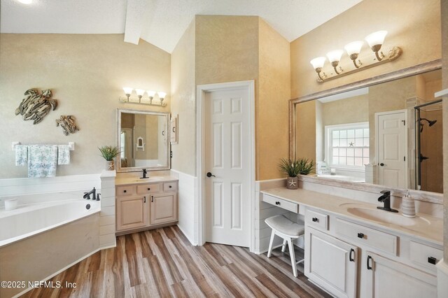 1077 Waterfall Dr, Jacksonville, FL 32225 - full bath with a bath, wood finished floors, two vanities, and a shower